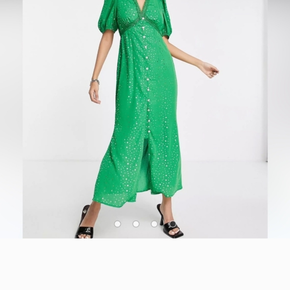 Never Fully Dressed Emerald Green Puff Sleeve Maxi Dress with Plunge Neckline - Picture 2 of 6